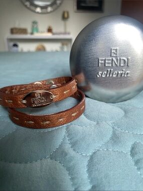 Fendi Selleria Brown Leather Double Wrap Bracelet with Logo Plaque